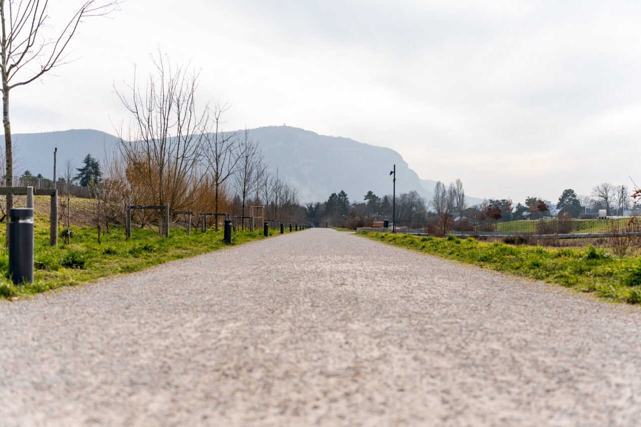 Allée piétonne rectiligne en gravier, bordée d'arbres, avec une colline boisée en toile de fond.