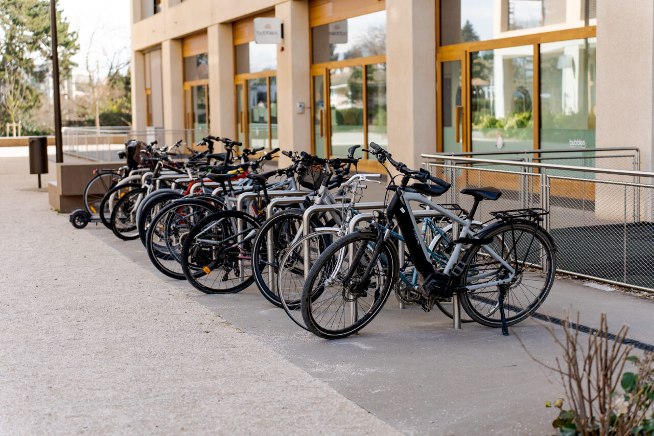 Rangée de vélos garés sur un parking à arceaux devant un bâtiment moderne de Belle-terre à façade bois et verre. 