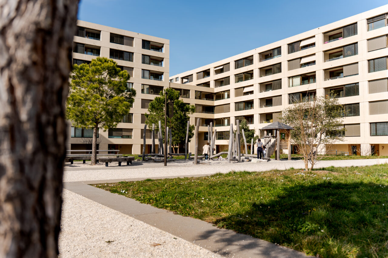 Aire de jeux en bois et espaces extérieurs d'activités physiques pour enfants au cœur du écoquartier de Belle-Terre à Thônex, Genève.